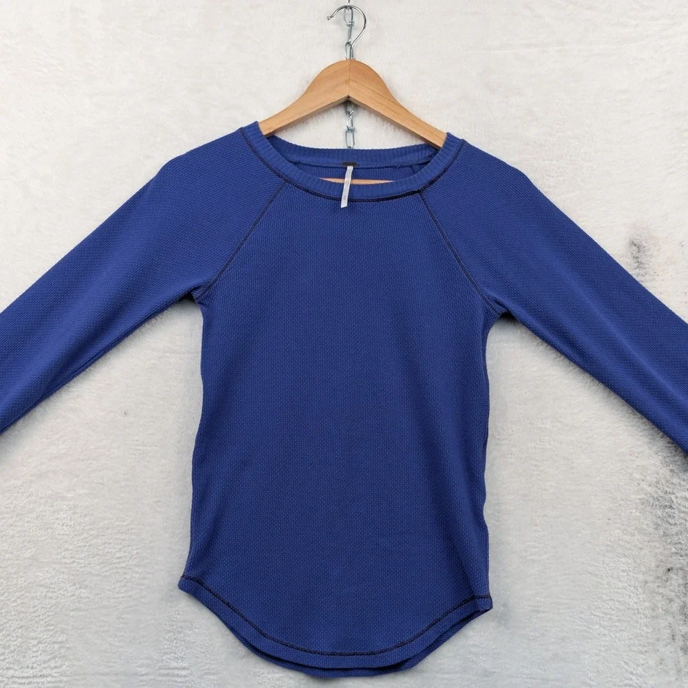 Free People Thermal Top Women's S Blue Boho Crochet Cuff Waffle Knit Slim Fit